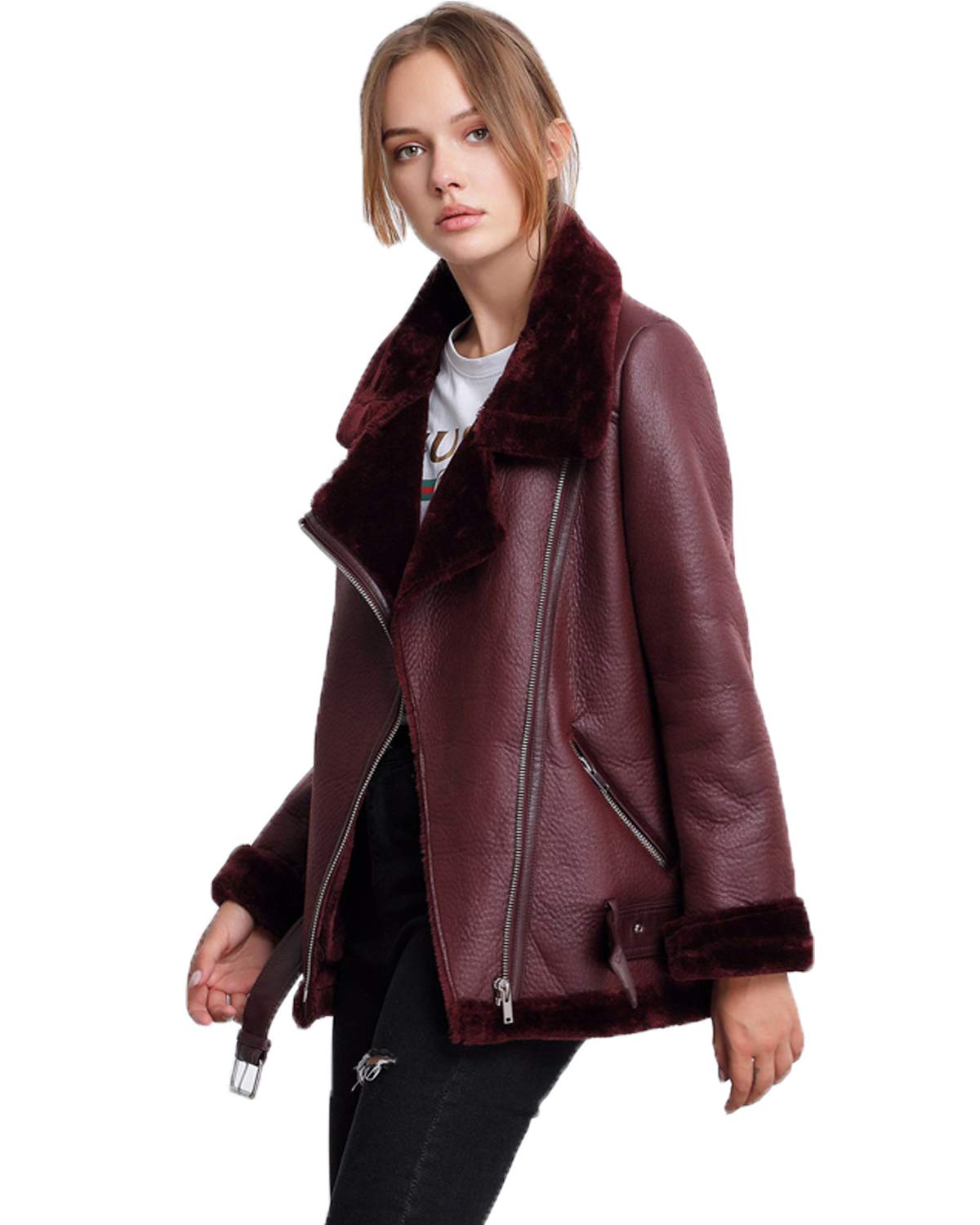 LY VAREY LIN Women's Faux Shearing Moto Jacket Thick Lined Parka Winter Shearling Coat Leather Jacket (XL, Wine Red)