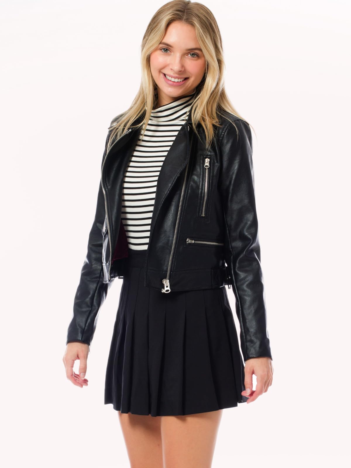 Design by Olivia Women's Long Sleeve Zipper Closure Moto Biker Faux Leather Jacket Black2 3XL