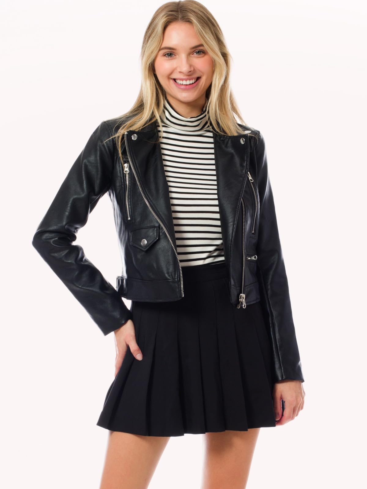 Design by Olivia Women's Long Sleeve Zipper Closure Moto Biker Faux Leather Jacket Black2 3XL