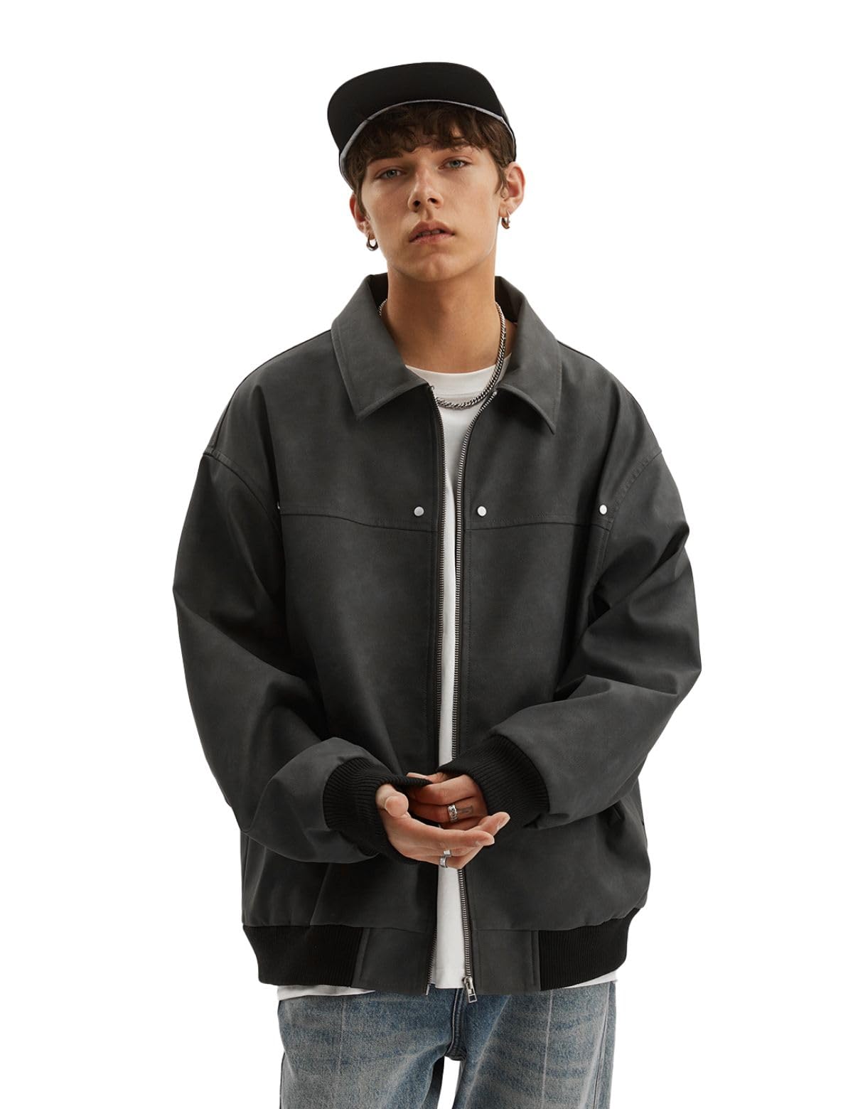 Fullneat Men’s Faux Leather Bomber Jacket Boxy Vintage Motorcycle Moto Coat Black Jacket Unisex Streetwear Zip Up Biker Outerwear Fashion Trendy Outfits for Men Women Casual Daily Wear Black M