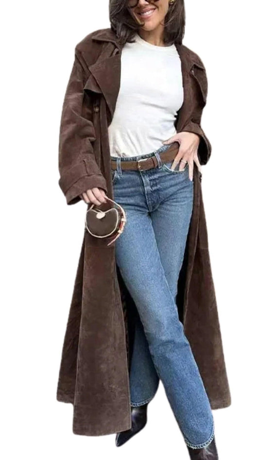 utcoco Womens Faux Suede Long Trench Coat Notched Lapel Double Breasted Pea Coat Overcoat with Belt (Small, Brown)
