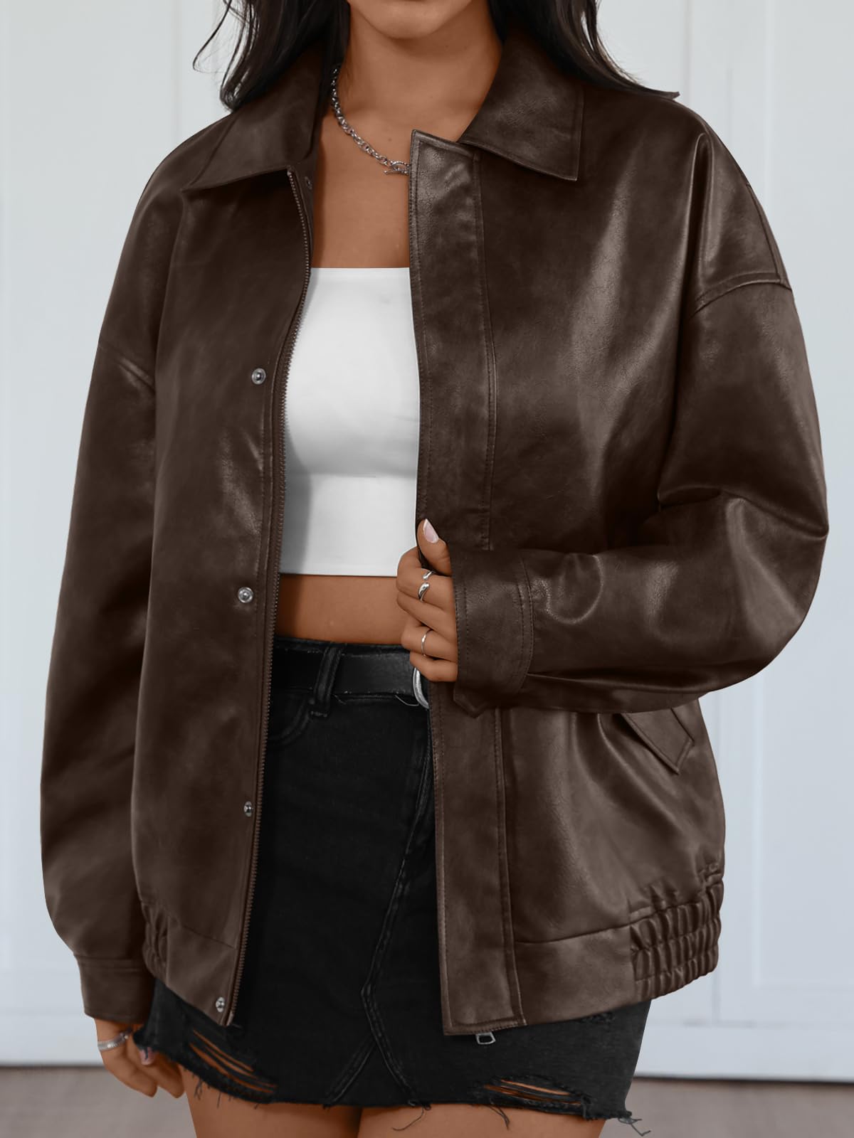 Trendy Queen Women's Oversized Faux Leather Jackets - Textured Bomber Moto Style Zip Up Coats for Fall Winter Spring Brown M