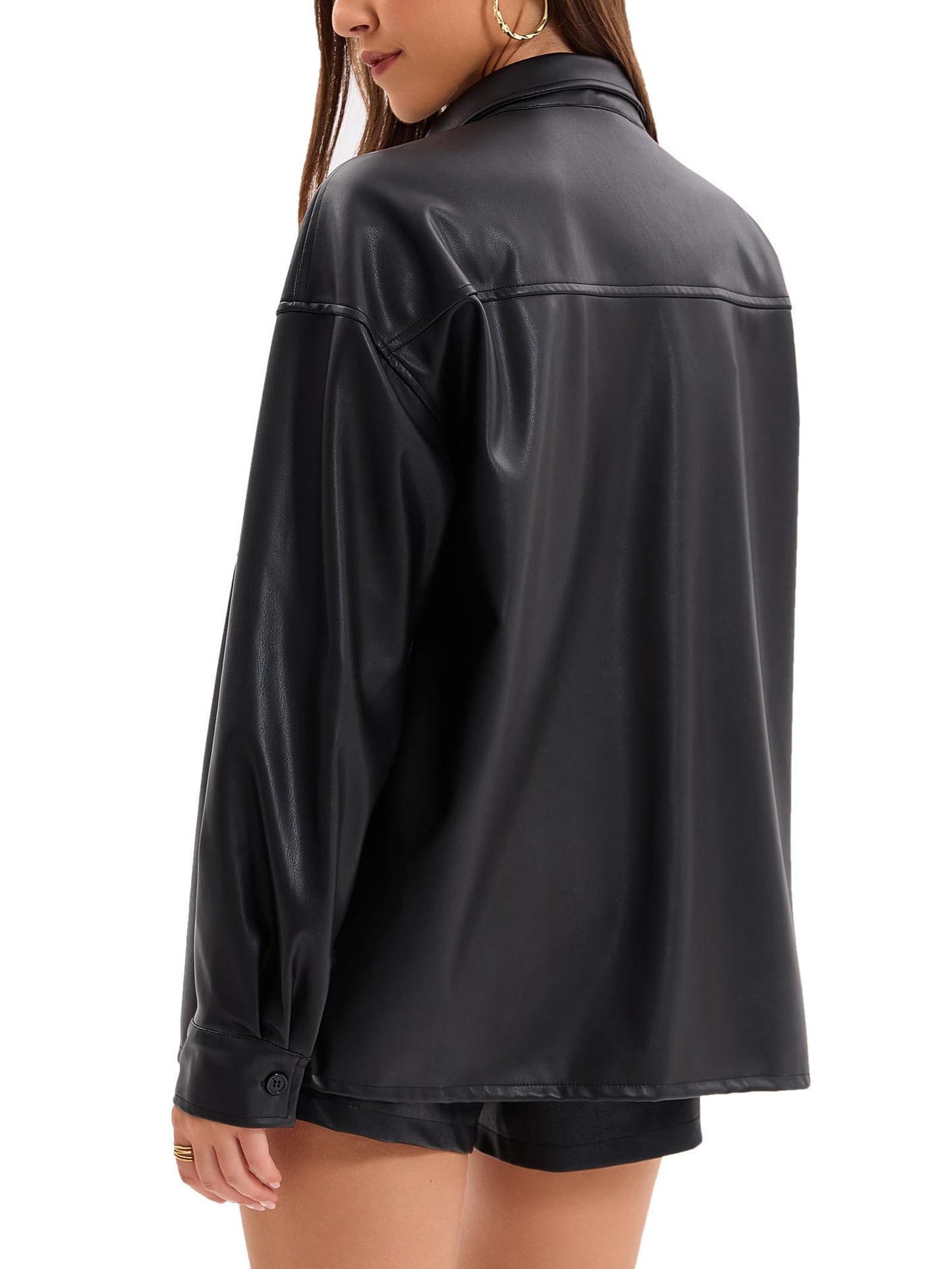Haianguoji Women's Faux Leather Button-Down Shirt Jacket Lightweight Long Sleeve PU Blouse Shacket Tops (Black, XXL)