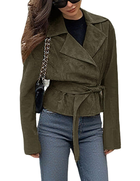 CHARTOU Faux Suede Leather Jacket 2025 Vintage Casual Cropped Wrap Coat with Belt (Large,Green)