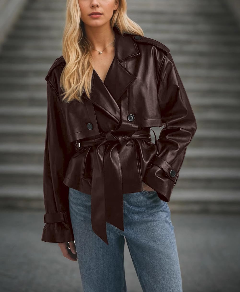 chouyatou Women's Fall Belted Faux Leather Jacket Modo Business Casual Faux Leather Short Trench Coat (X-Large, Brown)