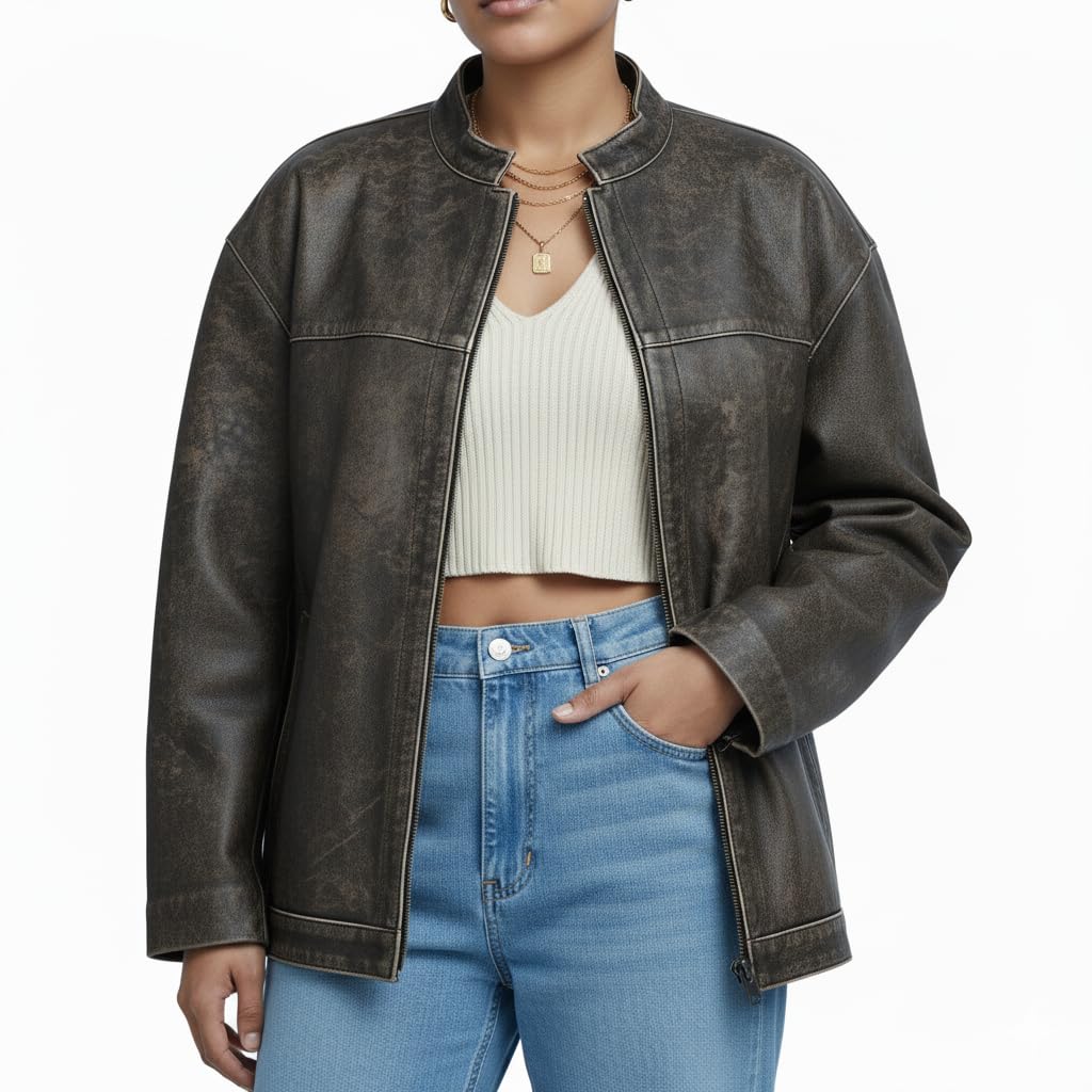 Women’s Oversized Vintage Leather Bomber Jacket – Genuine Lambskin, Distressed, Drop-Shoulder, Zip-Front (Medium)