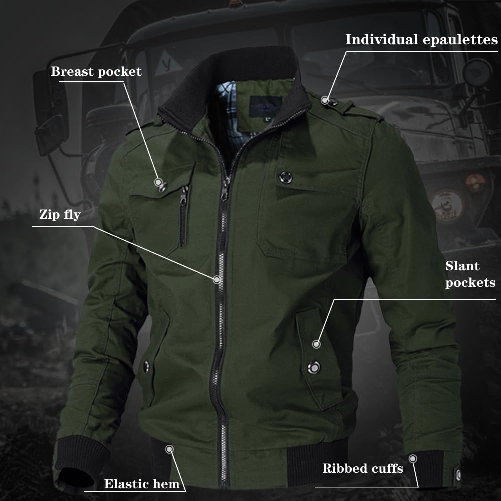 Oymyakon Men's Casual Military Jacket Stand Collar Jackets Coats Cotton Bomber Jackets with Shoulder Straps Army Green-L