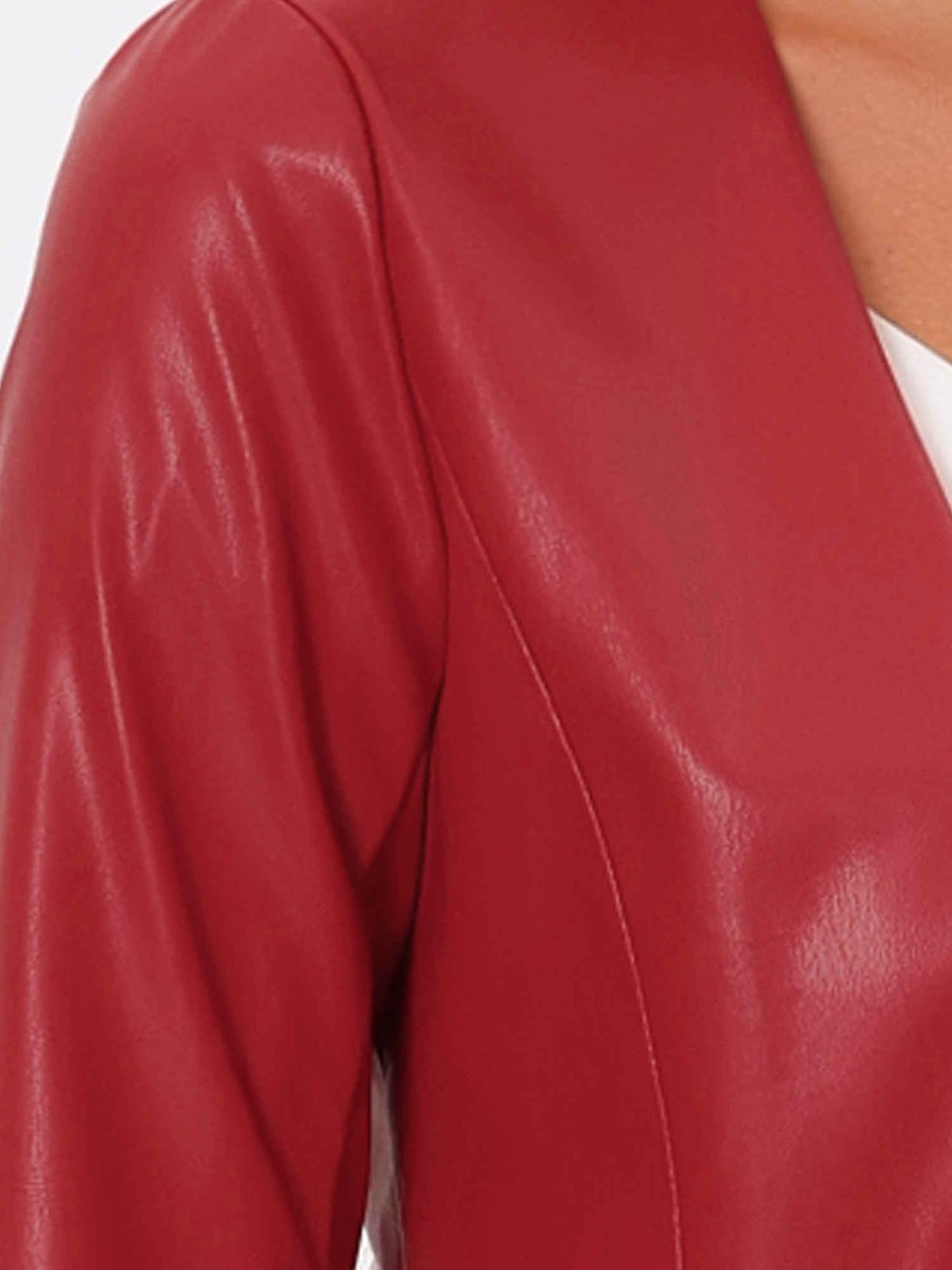 Allegra K Women Faux Collarless Open Front Crop PU Leather Moto Jacket
