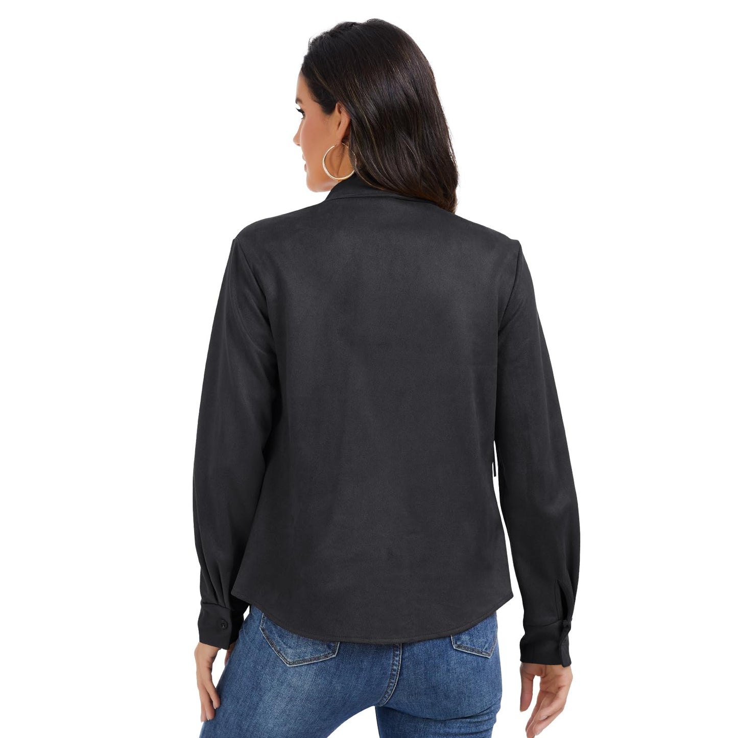 Women's Fringe Shirt, Long-Sleeve Button-up top, Women's Western Cowboy Faux Suede Leather Shirt Jacket (US, Alpha, Small, Regular, Regular, Black)