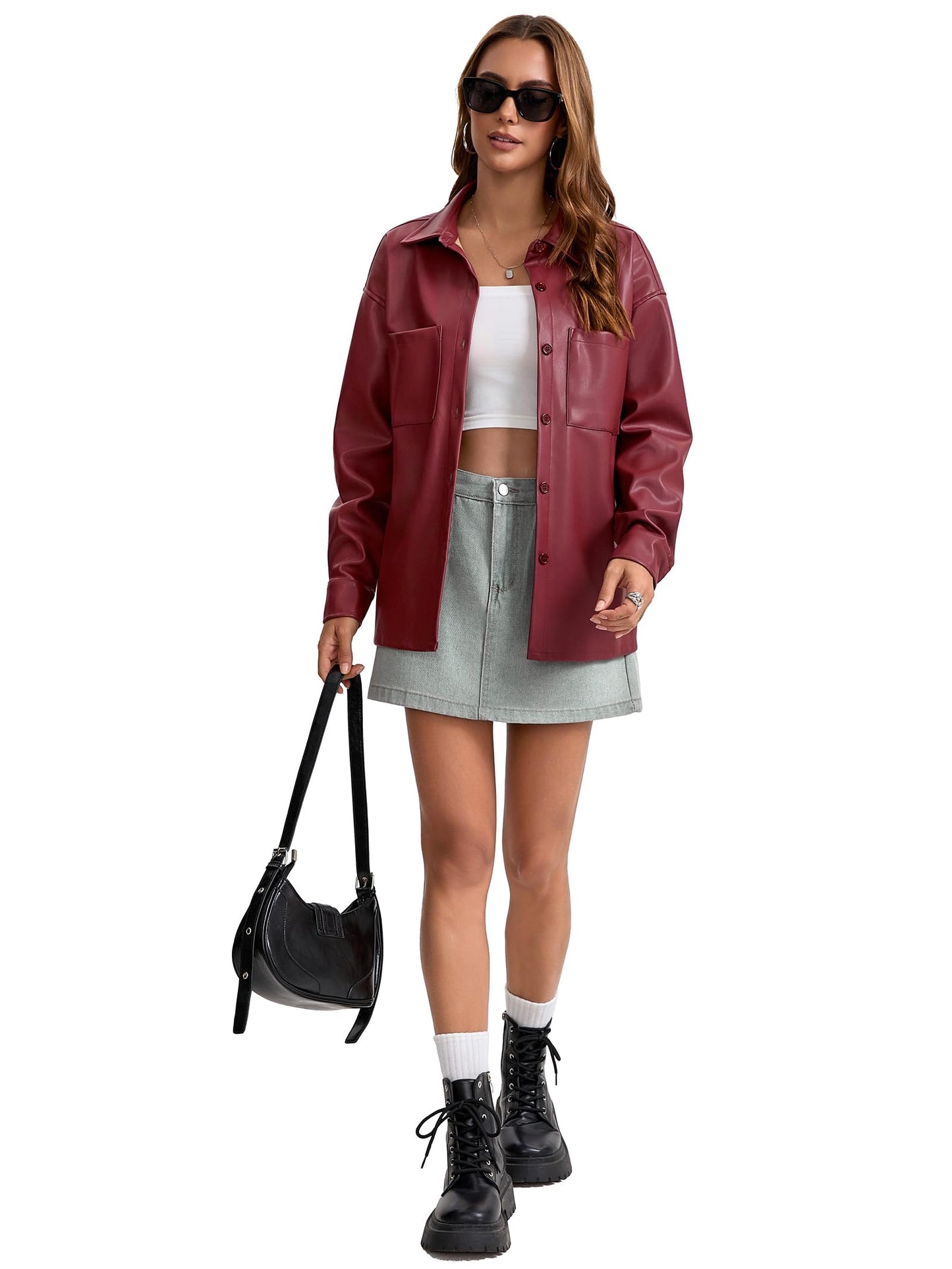 Haianguoji Women's Faux Leather Button-Down Shirt Jacket Lightweight Long Sleeve PU Blouse Shacket Tops (Red, M)