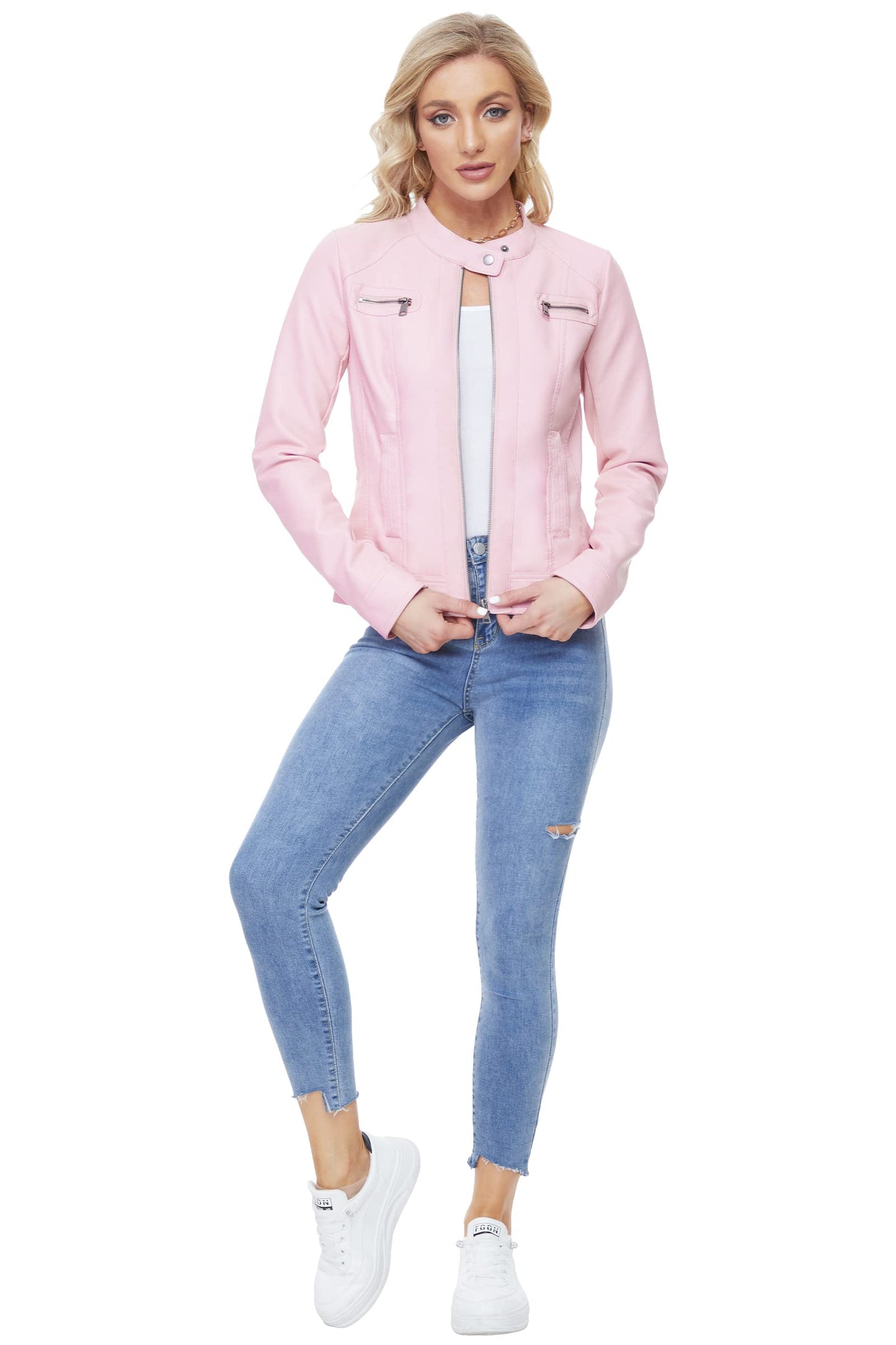 Fahsyee Women's Faux Leather Jackets, Zip Up Motorcycle Short PU Moto Biker Outwear Fitted Slim Coat Size S Pink