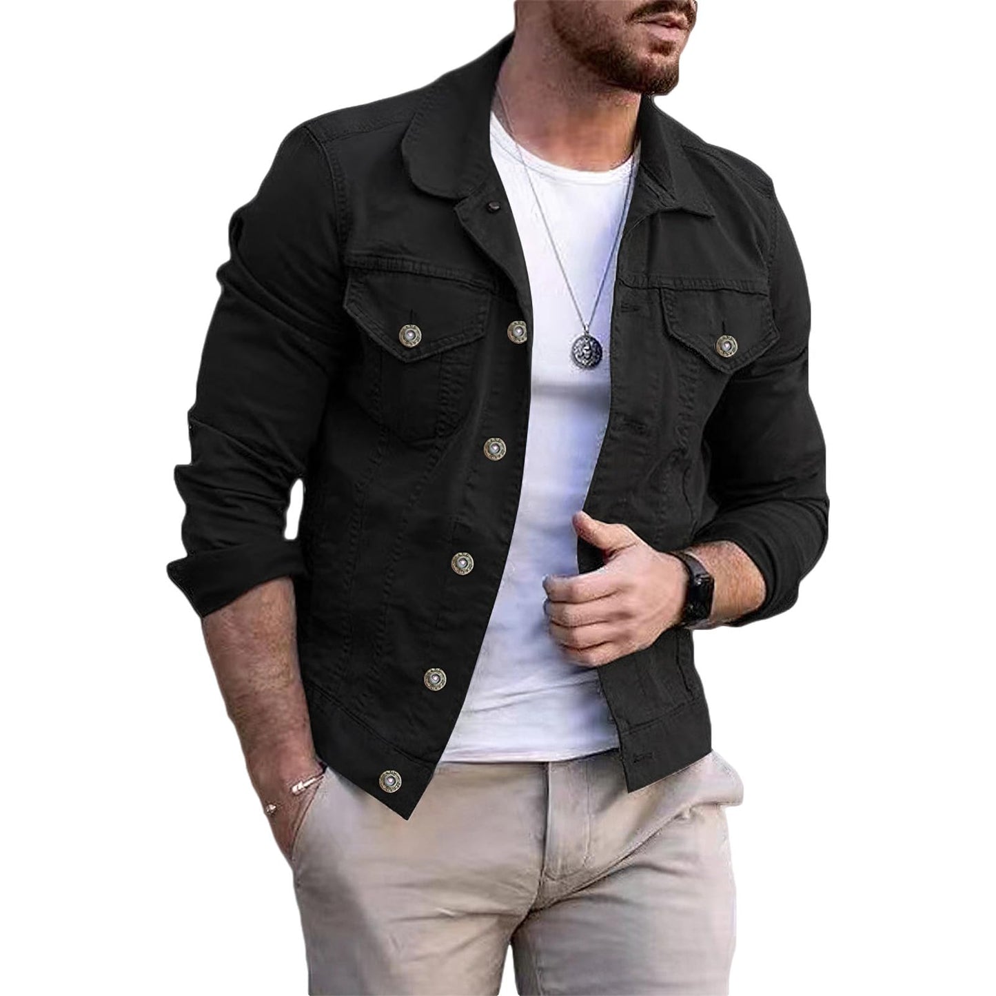 amropi Men's Casual Classic Denim Jacket Slim Fit Fashion Jean Coat Black, M