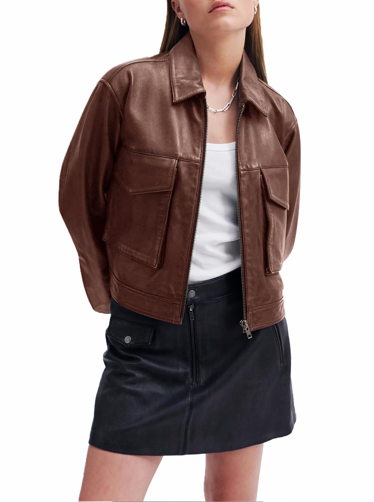 BZB Bomber Jacket Women Long Sleeve Brown Leather Jacket Women Casual Zip Up Motorcycle Moto Jacket with Pockets Going Out Outfits M