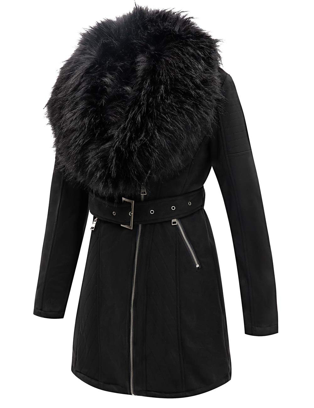 Bellivera Women's Pea Coat Faux Suede Leather Long Jacket Wonderfully Parka Outwear with Detachable Fur Collar 7923 Black M