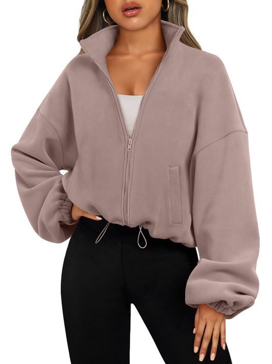 AUTOMET Womens Fleece Jackets Zip Up Oversized Cropped Sweatshirts