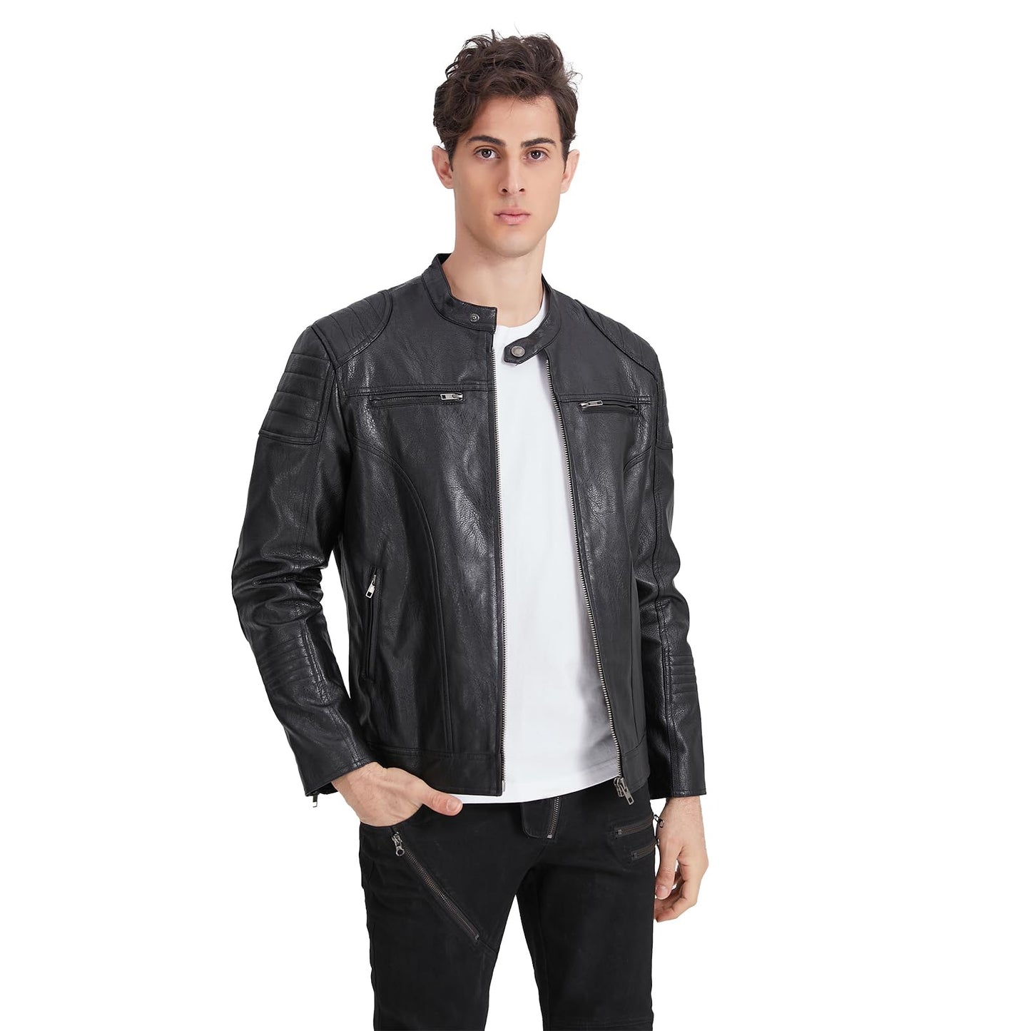 TZMAPU men's motorcycle PU leather jacket Punk style standing collar short jacket (Large, Black)