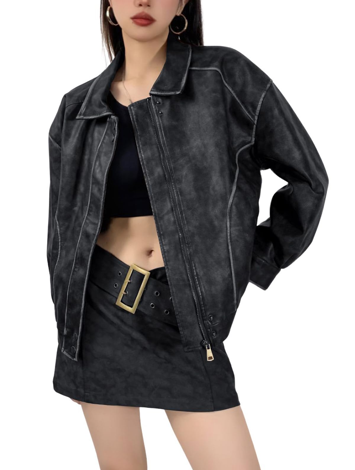 chouyatou Women's Fall Distressed Faux Leather Bomber Jacket Motorcycle Oversized Leather Jacket (Medium, Black)
