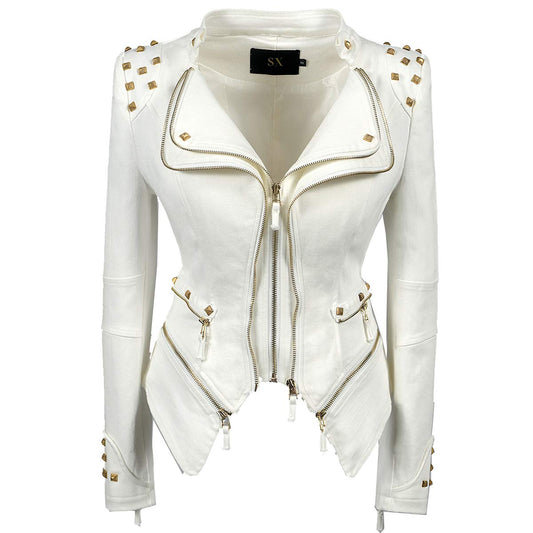 Fashion SX Womens Rivet Faux Leather Jacket Zipper Moto Biker Denim coat Motorcycle Outwear (2XL, White)