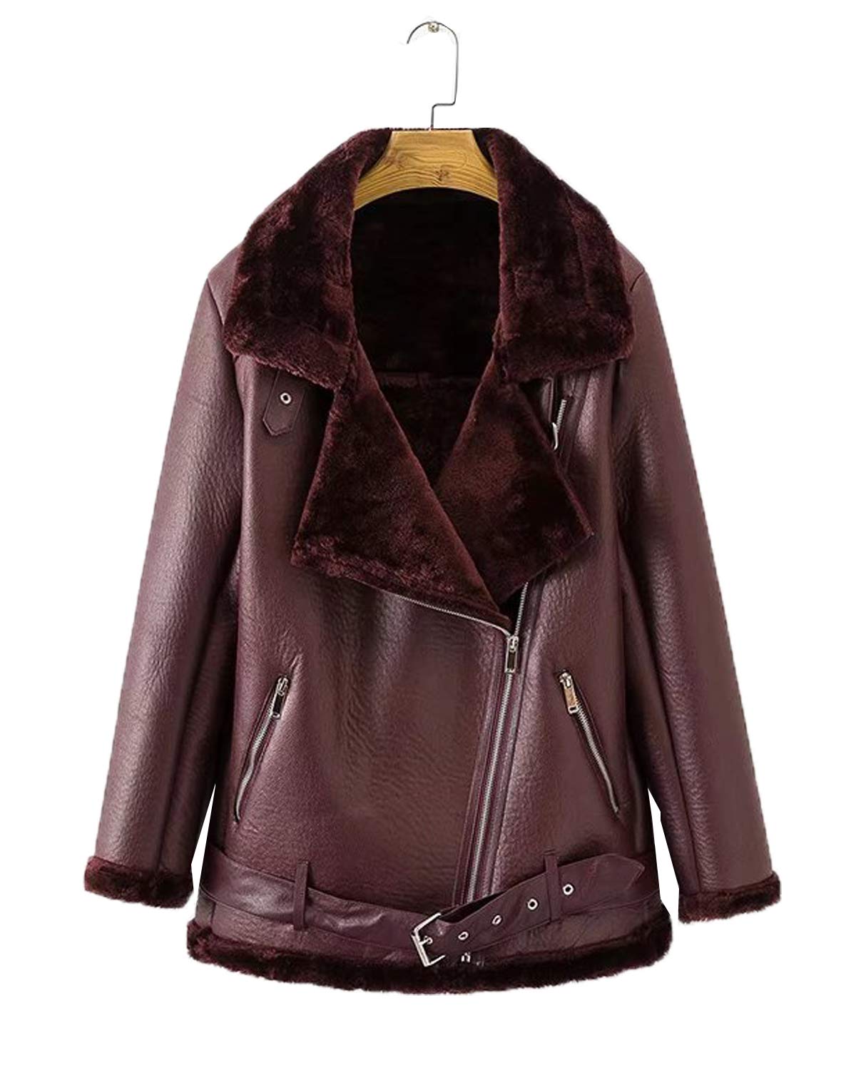 LY VAREY LIN Women's Faux Shearing Moto Jacket Thick Lined Parka Winter Shearling Coat Leather Jacket (XL, Wine Red)