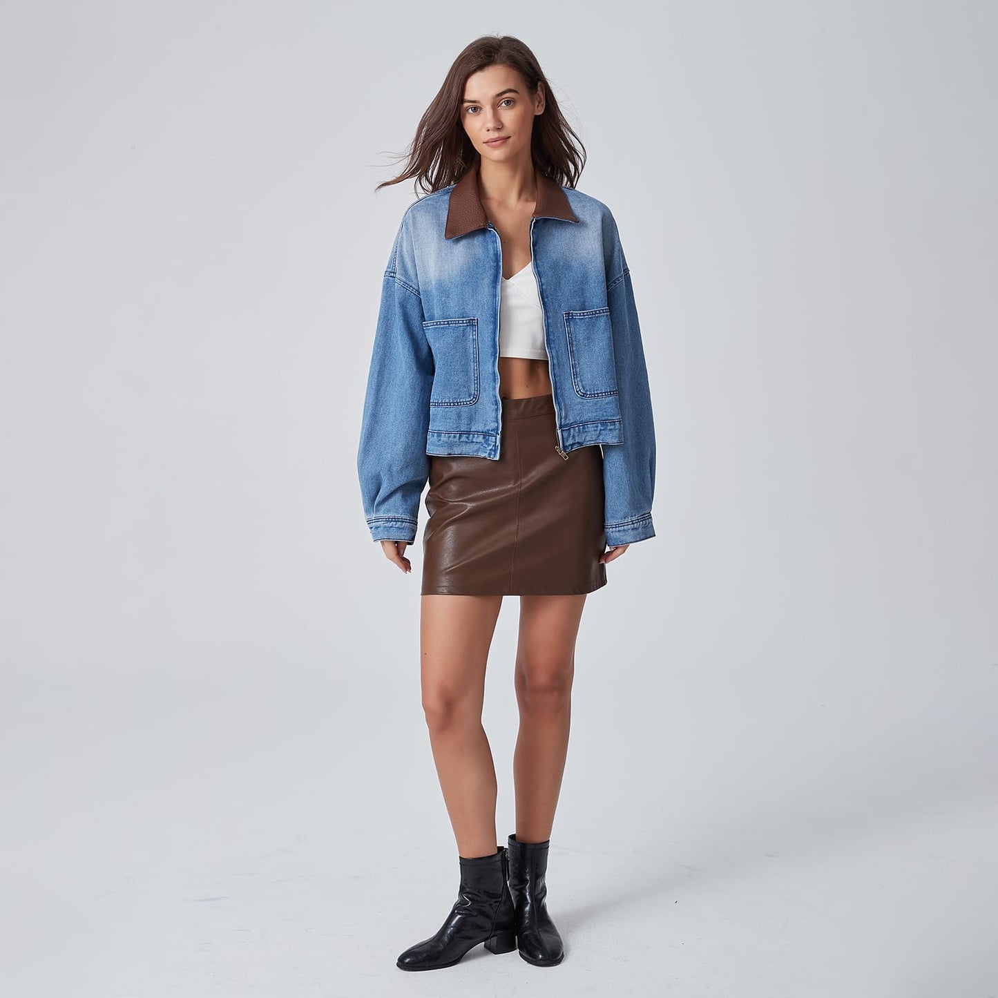 D-Sun Women's Denim Jackets Fake Leather Collar Long Sleeve Zipper Cropped Jean Jacket Denim Coat With Pockets