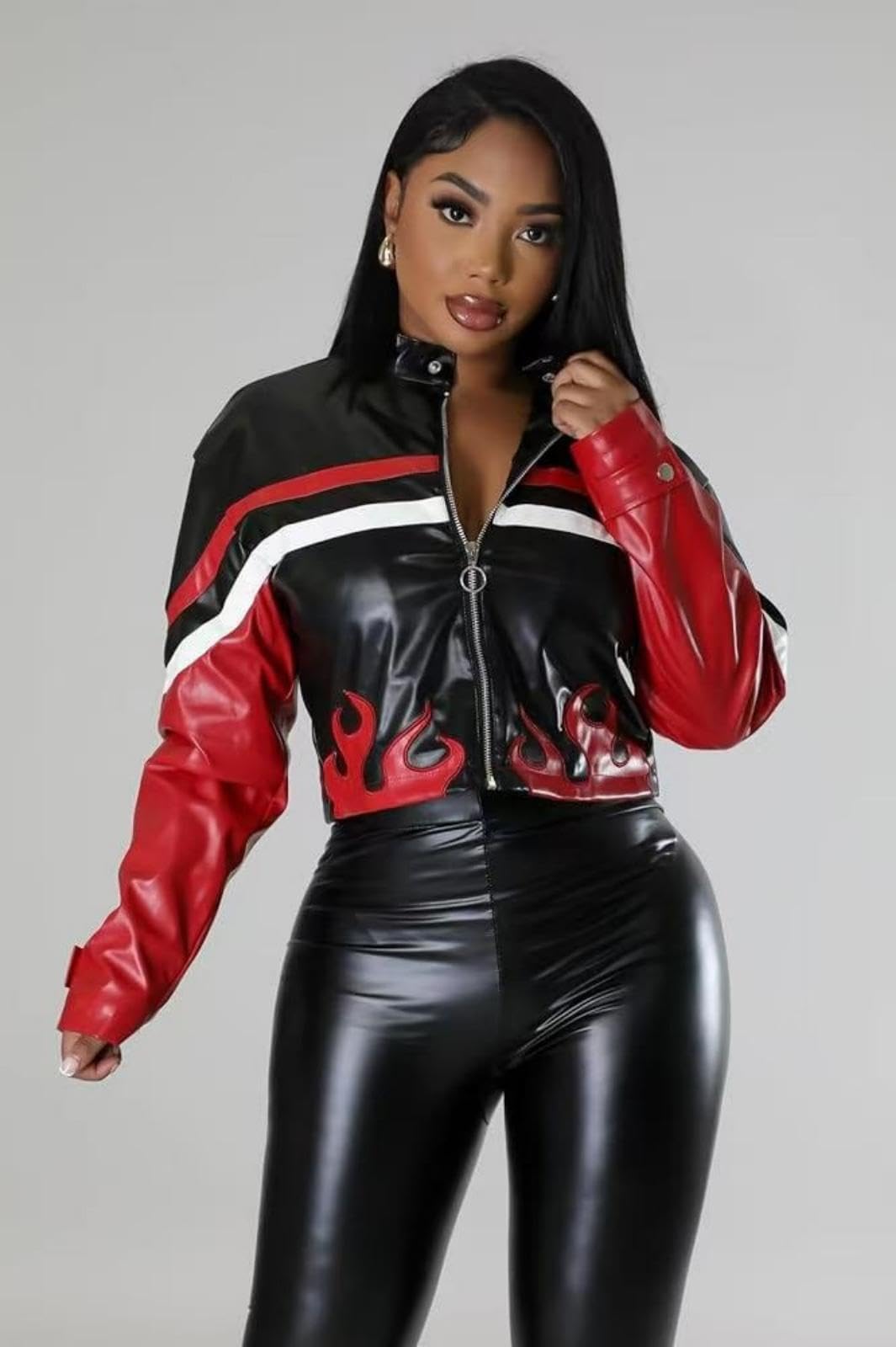 LXUAMR Womens Red Faux Leather Cropped Zip Up Bomber Jacket Women S-XXL