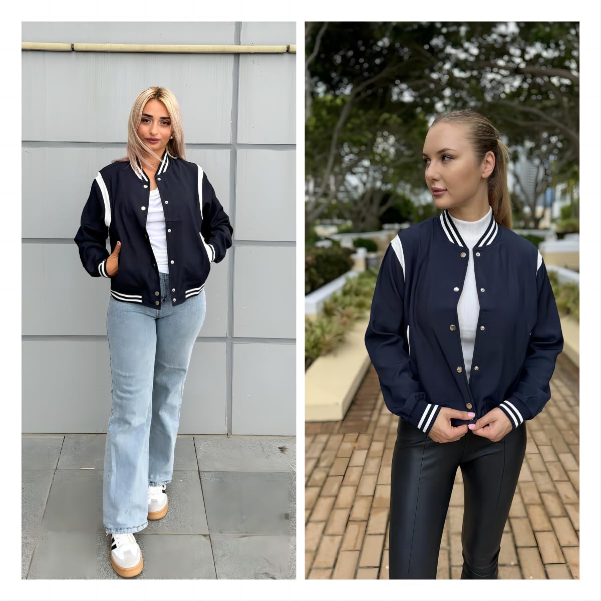Zeagoo Varsity Jackets Women's Fashion Fall Stripe Casual Work Office School Outfits Lightweight Pocketed Bomber Jacket