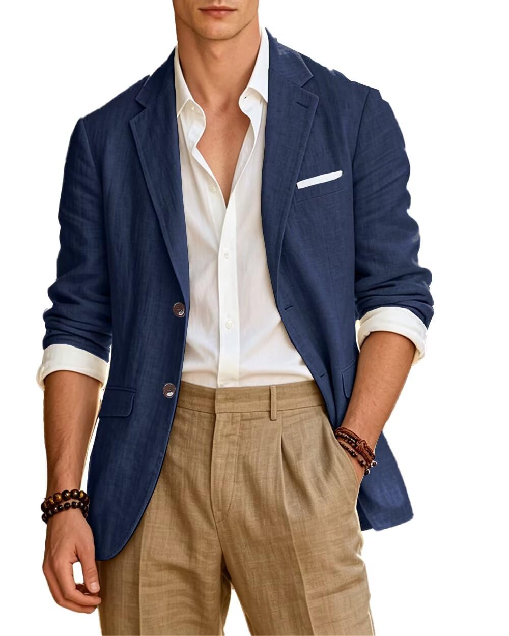 Hawcay Mens Suit Blazer Linen Slim Fit Casual Suits Jackets for Men Tuxedo Summer Wedding Beach Outfit Sports Coat Blazers Jacket Navy Blue Size L