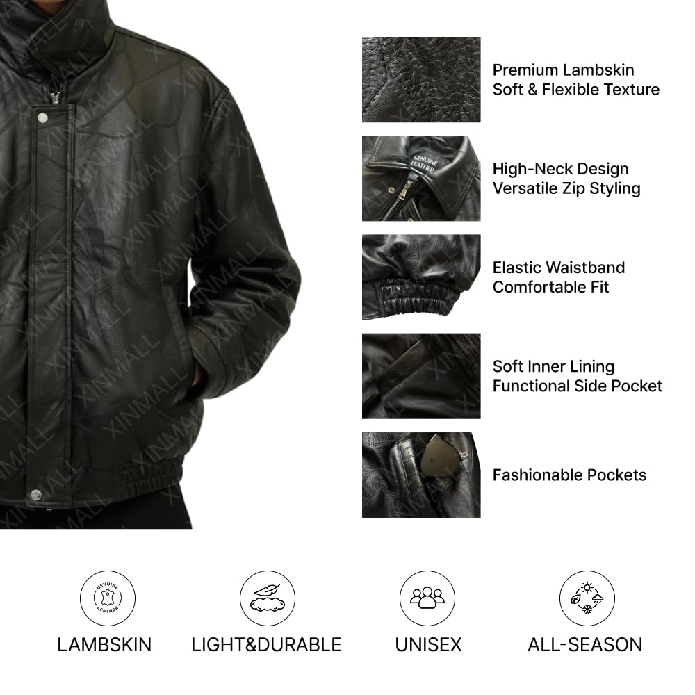 XINMALL Men’s Genuine Leather Motorcycle Jacket Black Bomber Style Zip-Up Baseball Collar Biker Leather Coat (US, Alpha, 3X-Large, Regular, Regular)