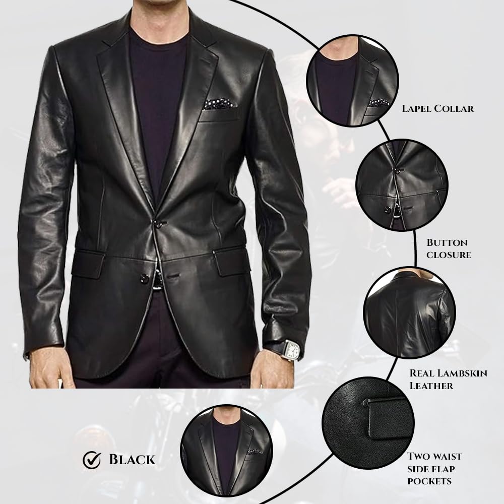 Lambskin Genuine Casual Wear Leather Blazer Sport Coat with Classic Button Closure for Men Black (as1, Alpha, x_l, Regular, Regular, Black)