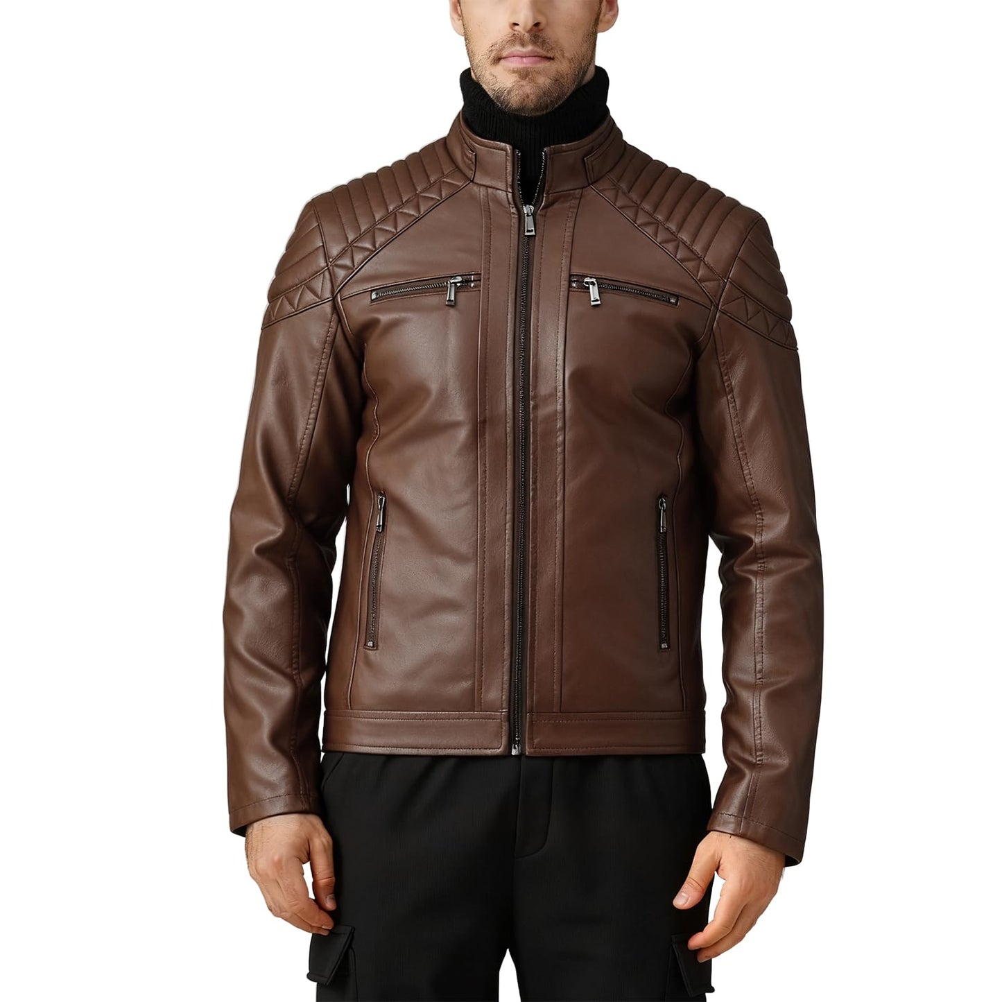 LEDUNTINO Men's Stand Collar Winter PU Faux Leather Jacket Fleece Lined Zip-Up Motorcycle Bomber Jacket Slim Fit Biker Coat Coffee Large