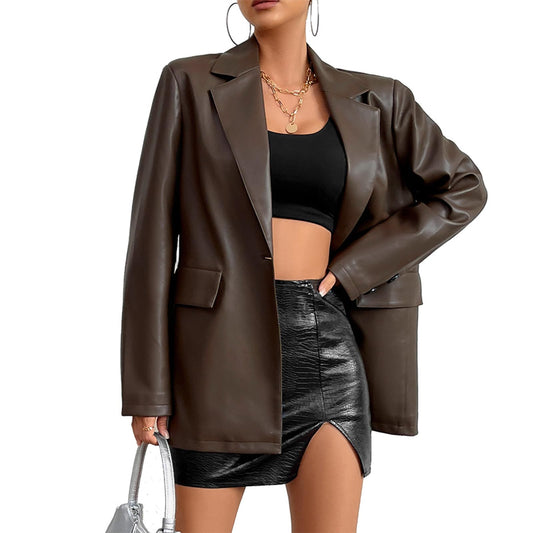 Muzly Women's Faux Leather Jacket Notch Lapel Wide Shoulder Single Button Flap Pockets Pu Leather Jackets Blazer (Brown L)
