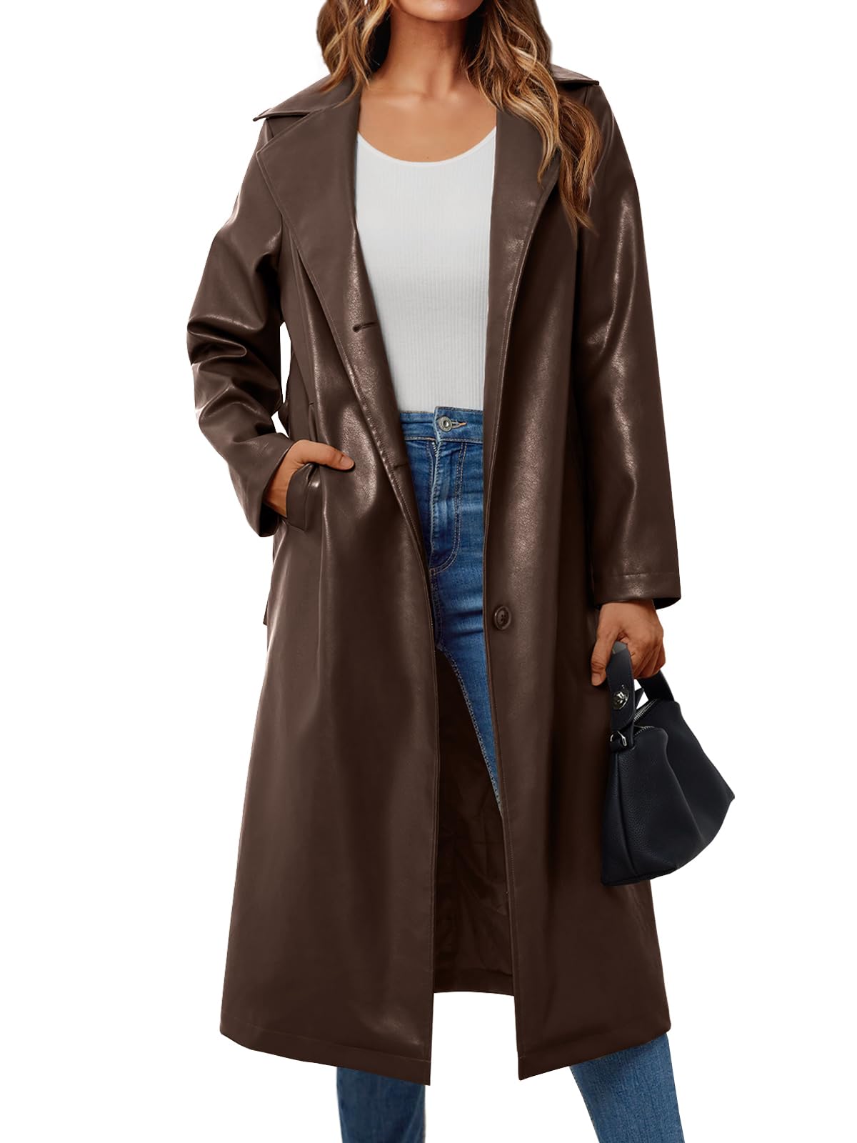Trendy Queen Womens Brown Long Leather Jackets Trench Dress Pea Coats Peacoat Winter Fall Blazer Suit 2026 Faux Ladies Breasted Casual Warm Waterproof Outfits Clothes Clothing Oversized XL