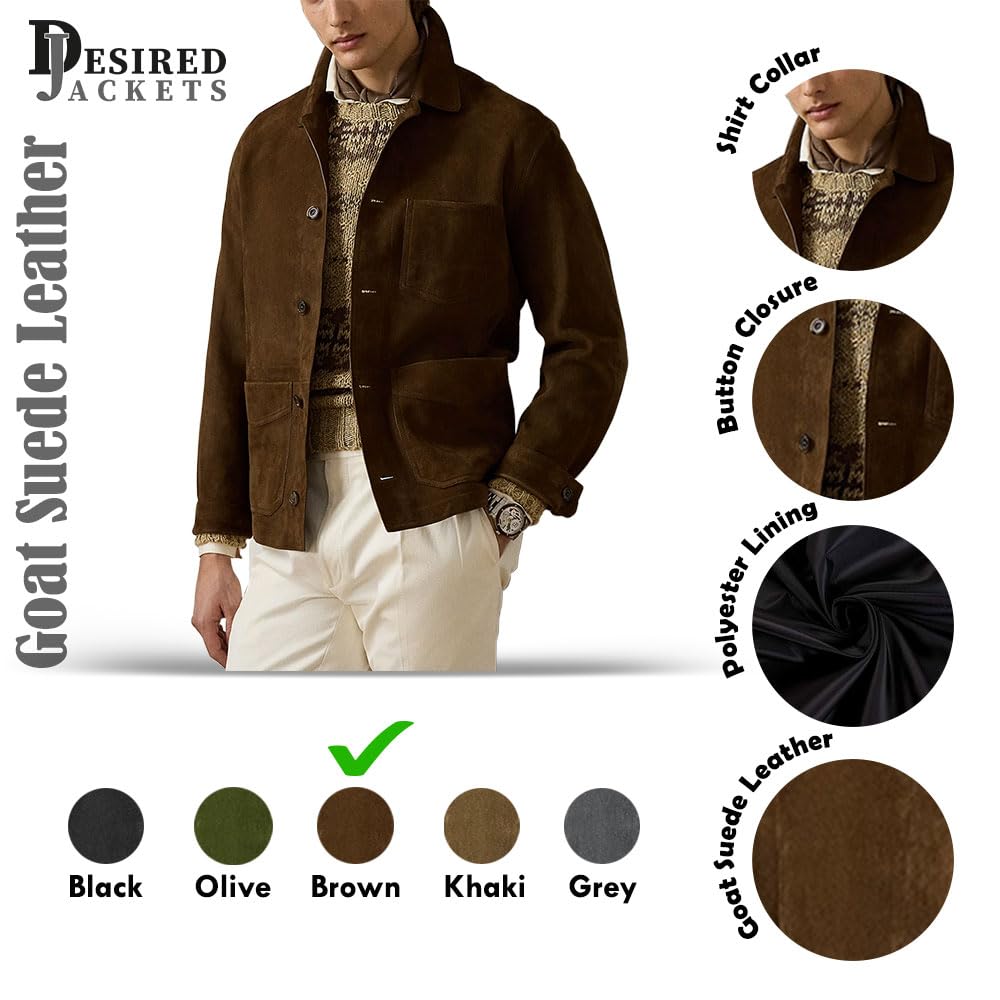 Suede Leather Jacket Men – Real Lambskin Suede Casual Leather Jackets For Men - Mens Suede Jacket (US, Alpha, Small, Regular, Regular, Brown)