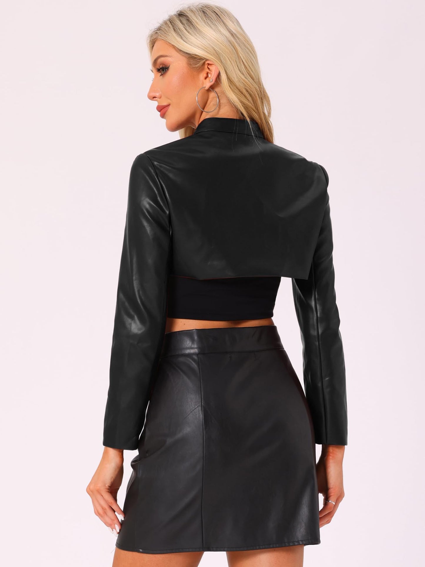 Allegra K Women's Faux Leather Cropped Top Stand Collar Zipper Front Moto Biker Long Sleeve Jacket Coat Medium Black