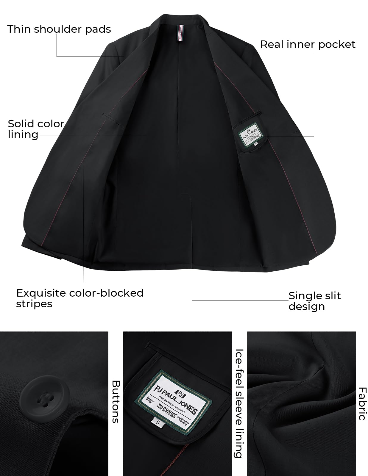 PJ PAUL JONES Men Casual Sport Coat Lightweight One Button Blazer Slim Fit Business Suit Jacket Western Sportcoat Black