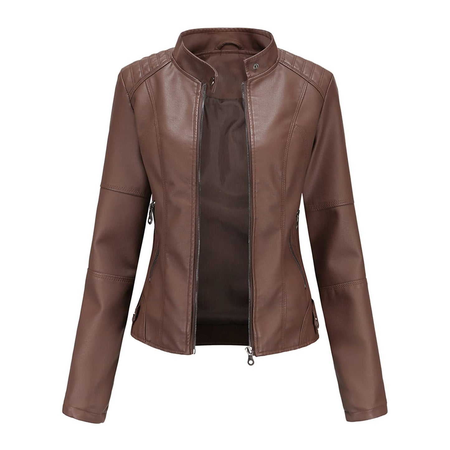 DEAR MODEL Faux Leather Jacket Women Bomber Jacket Women's Belted Motorcycle Jacket,Brown,M