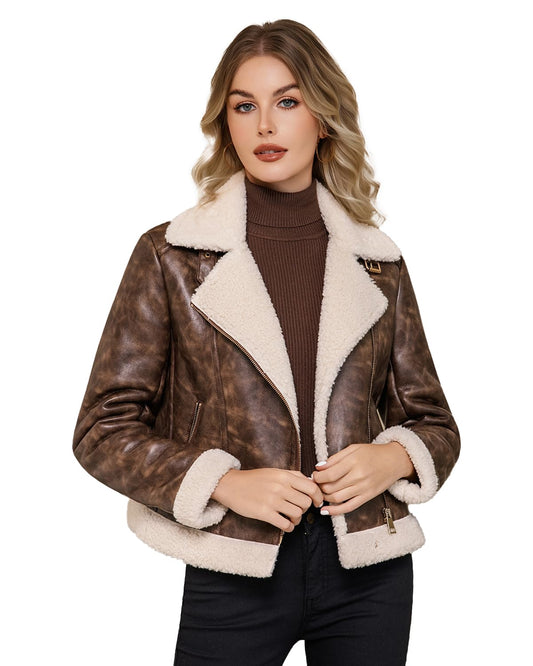 Women's Faux Shearing Moto Jacket Thick Fur Lined Coat Cropped Sherpa Leather Jacket Mixed Brown S