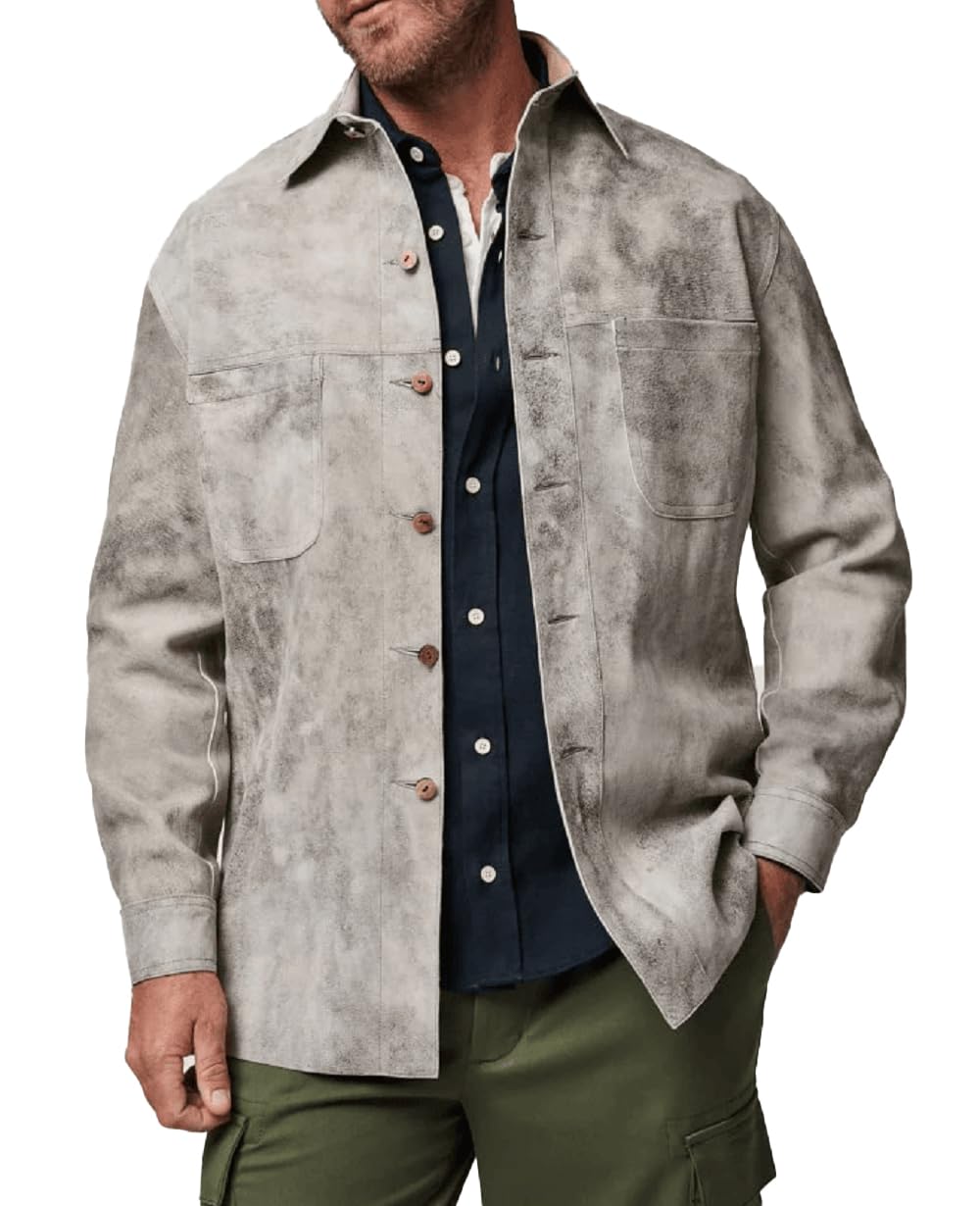 Isaac & David Chicago Mens Long Sleeve Suede Shirts Button Down Shacket Suede Trucker Jacket Real Suede Leather Shirt (as1, alpha, l, regular, regular, Distressed Grey Suede Leather Shirt)