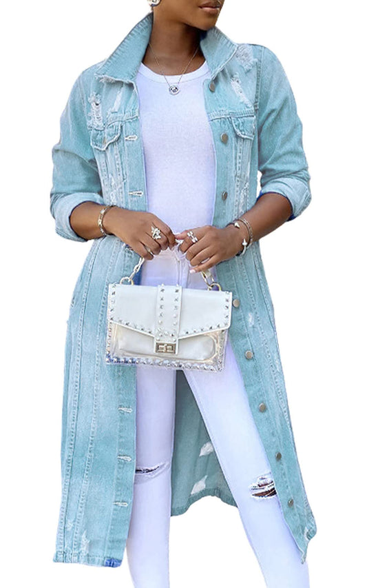 Leyoutx Womens Distressed Ripped Lapel Trench Coat Slim Fit Button Down Washed Long Jean Jacket (Large, Light Blue)