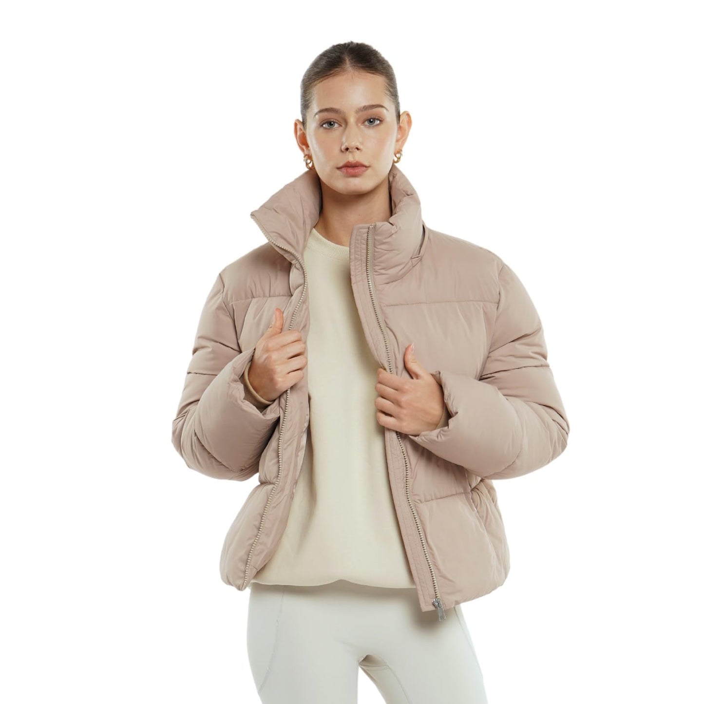PUFFIT Women's Cropped Puffer Jackets,Warm Winter Jacket with Removable Hood,Zipped Pockets,Short Ladies Quilted Coat