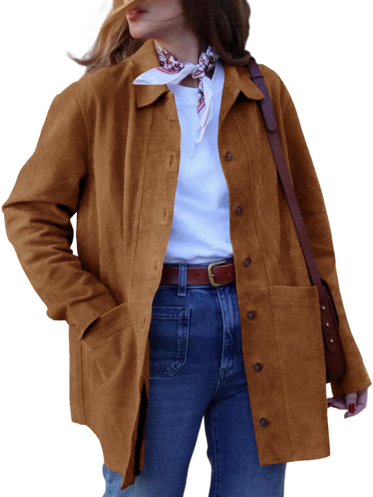 Tankaneo Womens Faux Suede Jackets Button Down Long Sleeve Shackets Coat Trendy Fall Clothes