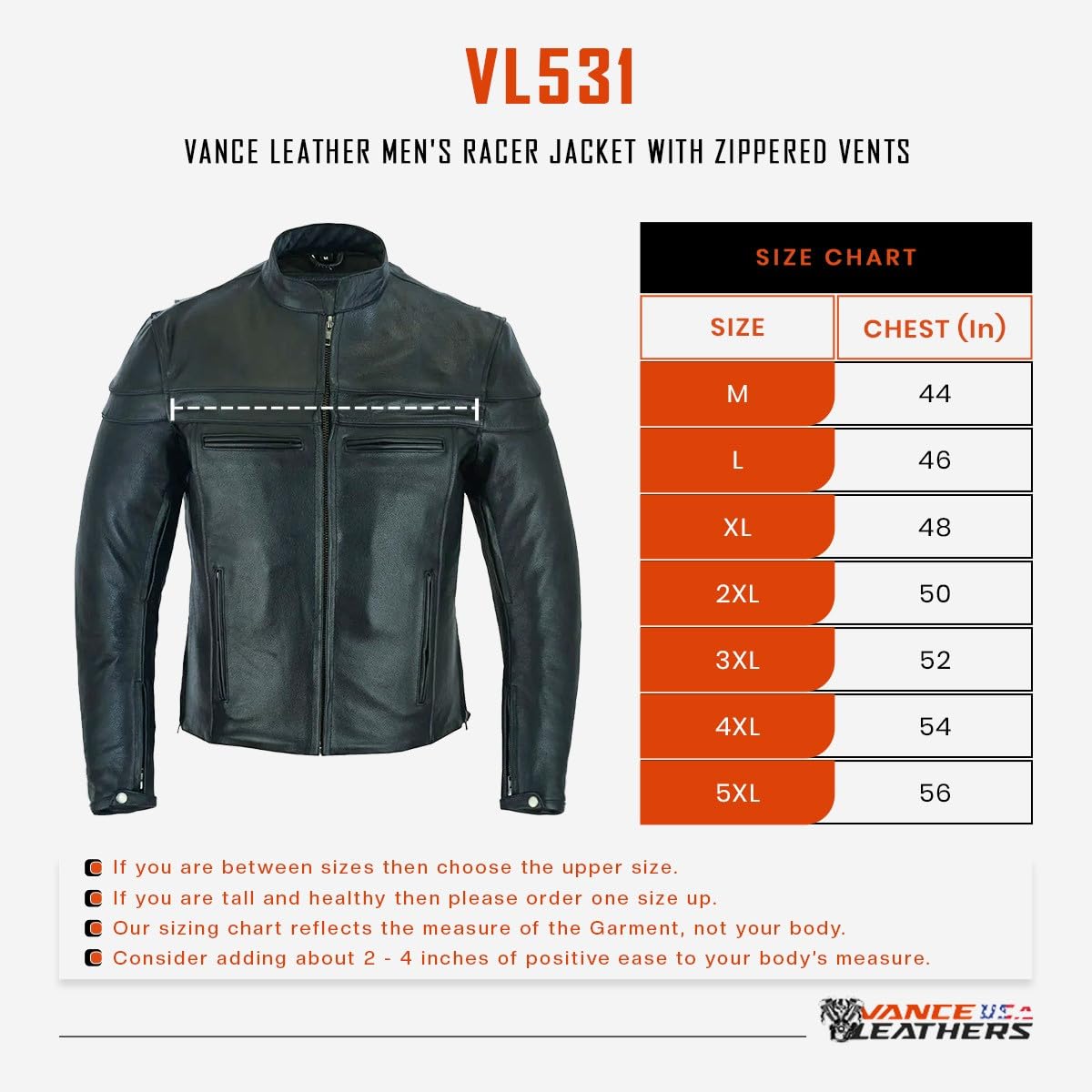 Vance Leather's Men's Premium Leather Motorcycle Racer Jacket with Vents Reflective Piping and CCW Pockets (XL)