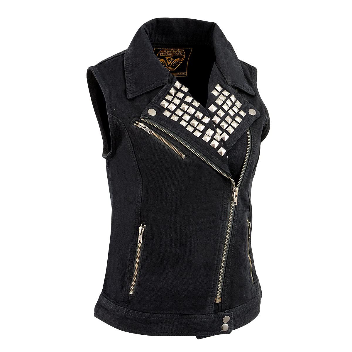 Milwaukee Leather MDL4030 Women's Black Denim Zipper Front Motorcycle Vest with Studded Spikes - Medium