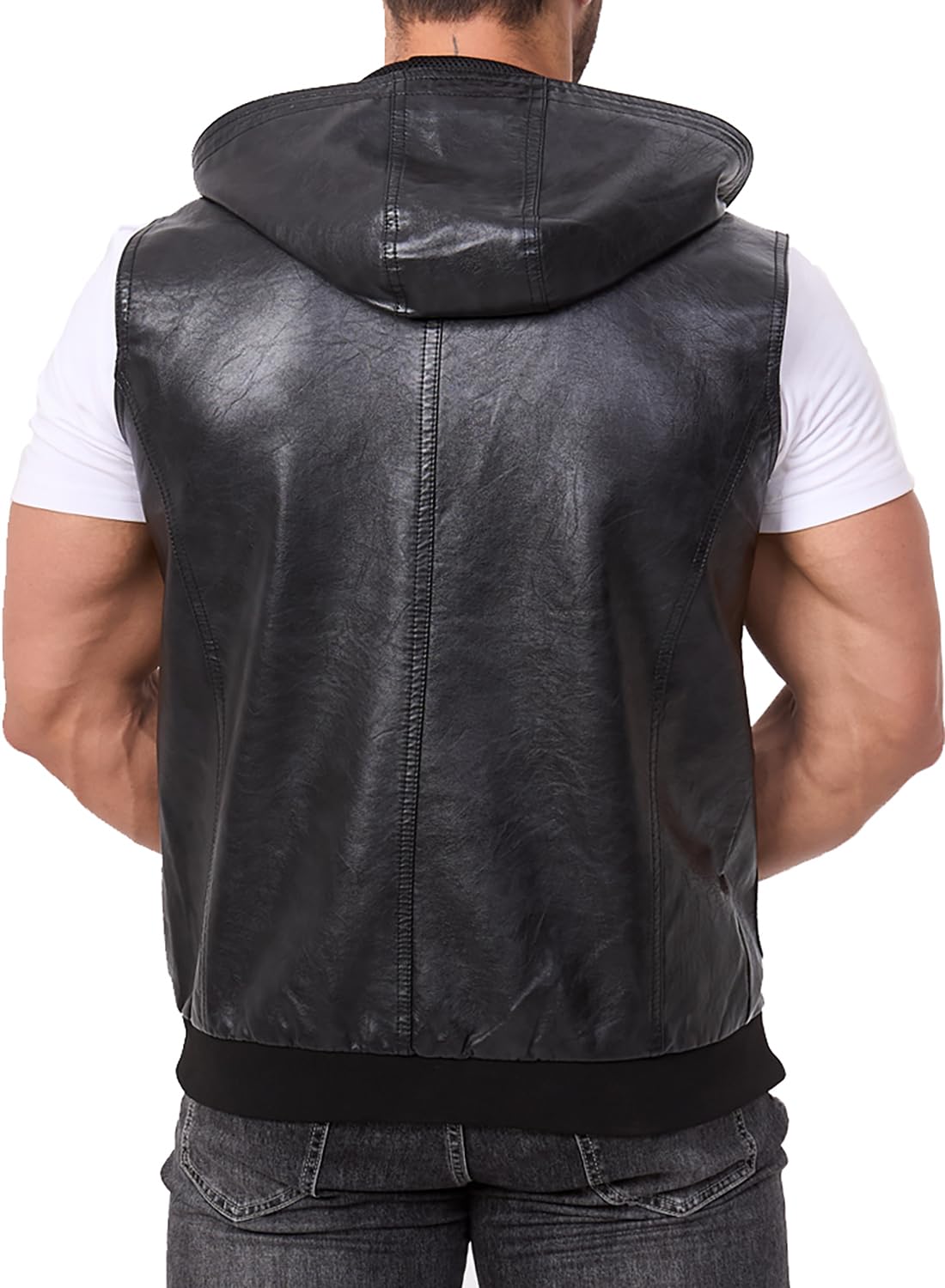 FANARCHER Men's Vintage Faux Leather Vest Jacket Zip-up Classic Hipster Vest with Hood Sleeveless Jacket