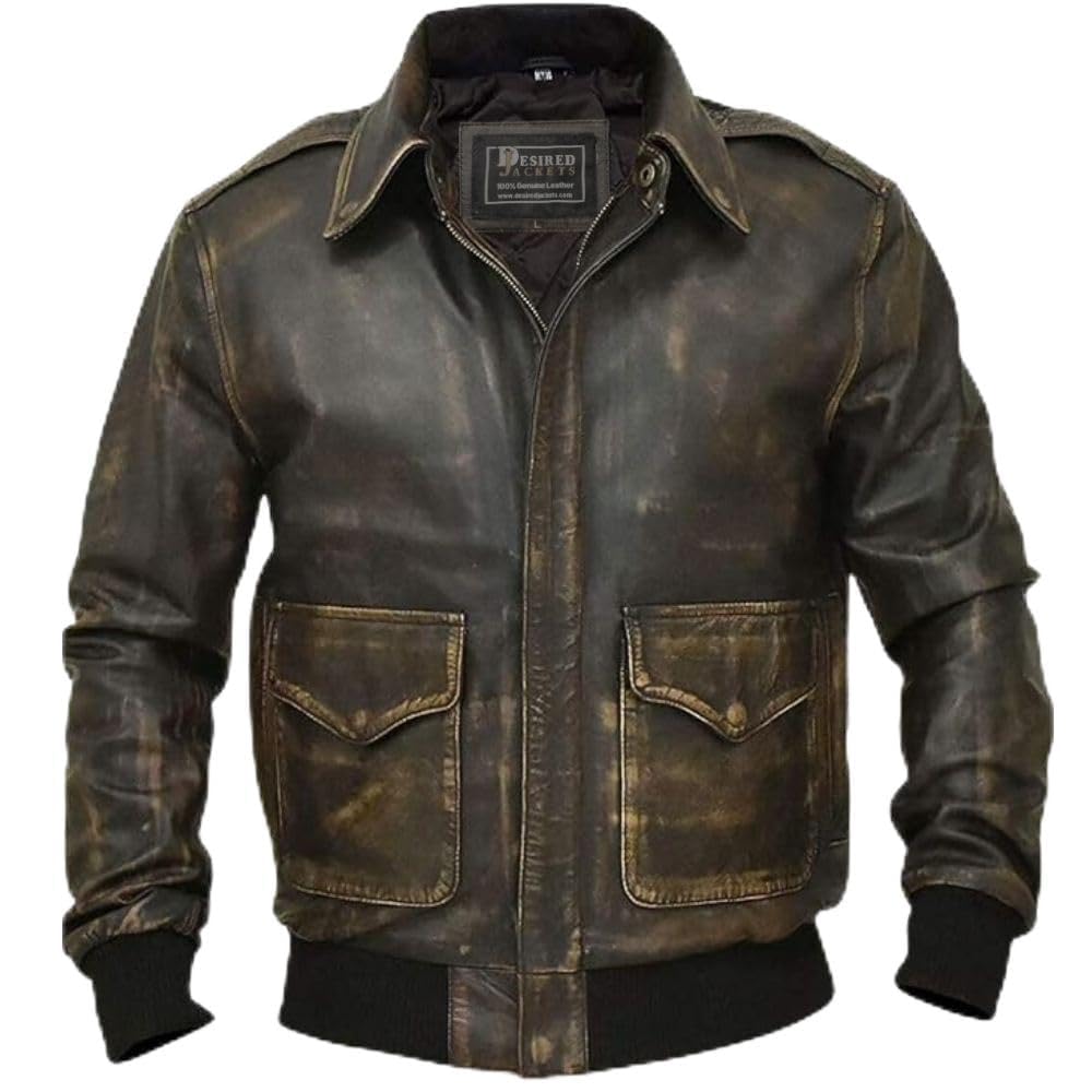 Desired Jackets Mens G-1 Fur Collar US Navy Flight Distressed Brown Aviator Genuine Leather Jacket Flight Pilot Aviator USAAF A2 Jacket (x_l, G1 Distressed Black Without Fur)
