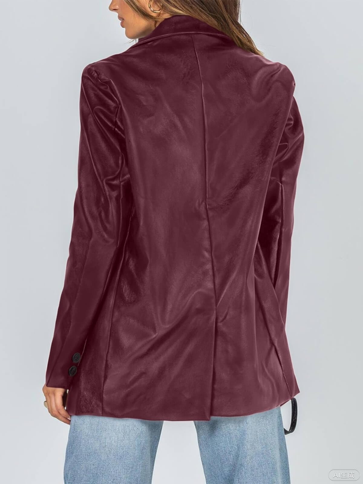 Pepochic Womens Oversized Leather Jacket Long Sleeve Faux Leather Blazer Lapel Button Down Leather Shacket Coat with Pockets Burgundy Red, Medium