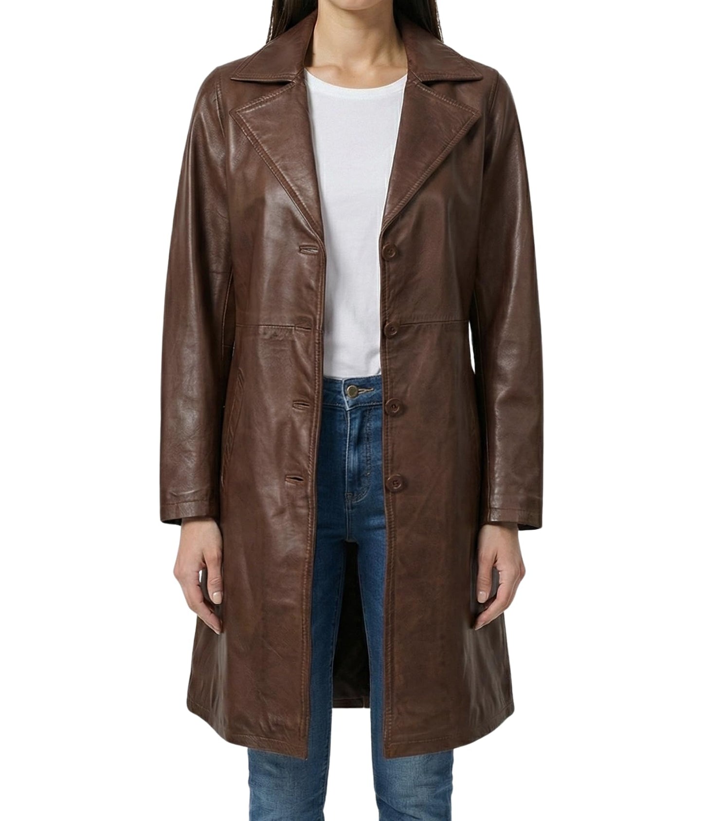 Decrum Brown Leather Coat for Womens - Women Real Leather Long Jackets | [1316143] Brysin Cognc, M