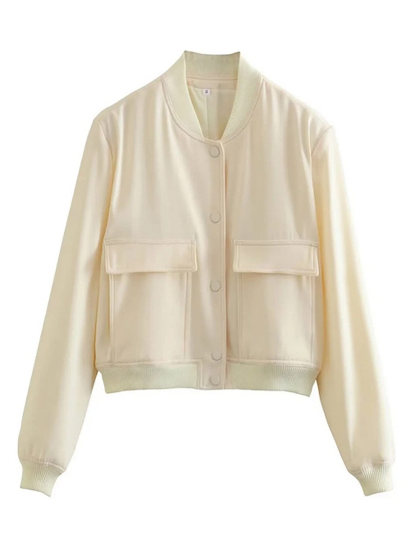 Lumister Women's Fashion Cropped Button Down Lightweight Cropped Bomber Jacket Varsity Shacket with Side Pockets(0605-Beige-M)
