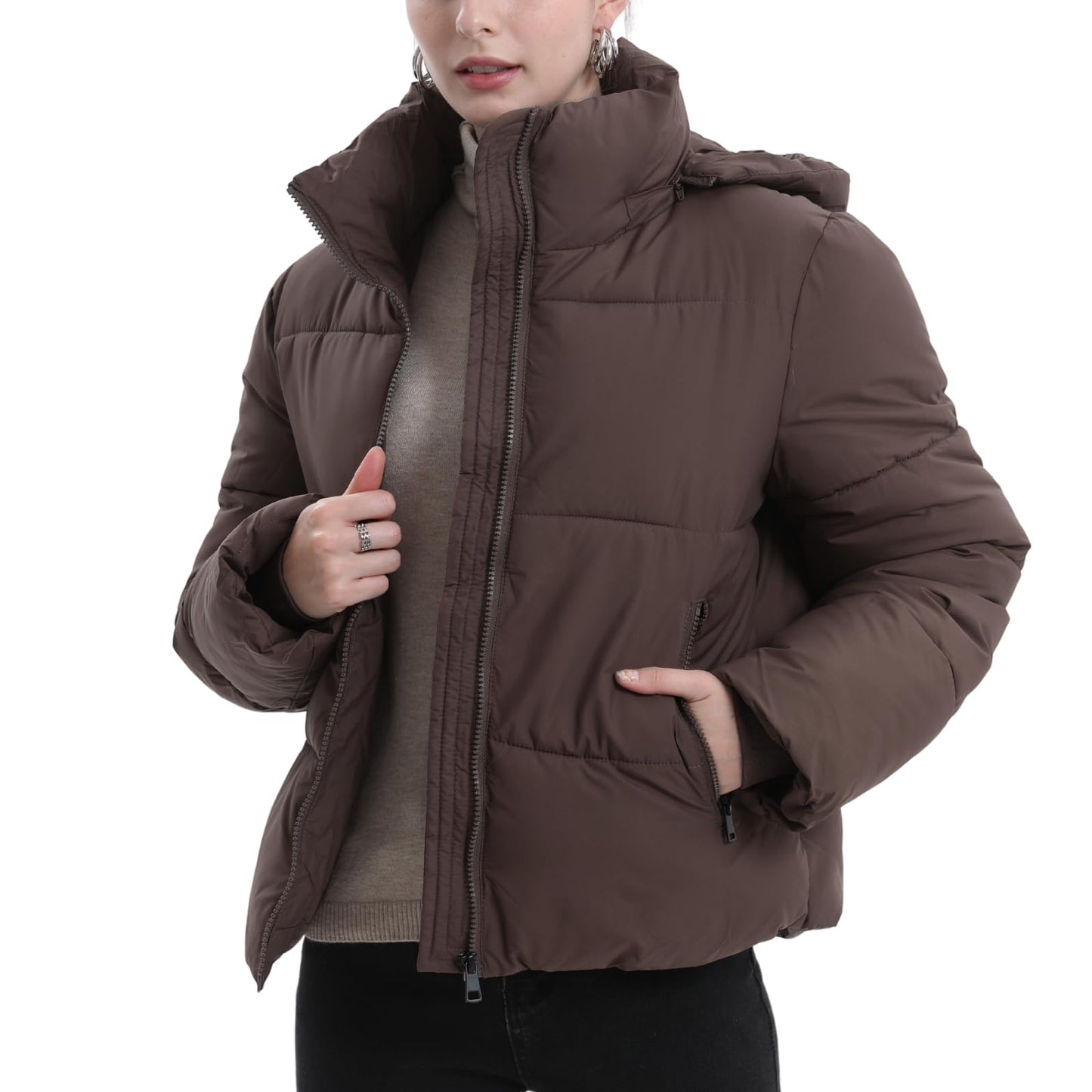 PUFFIT Women's Cropped Puffer Jackets,Warm Winter Jacket with Removable Hood,Zipped Pockets,Short Ladies Quilted Coat