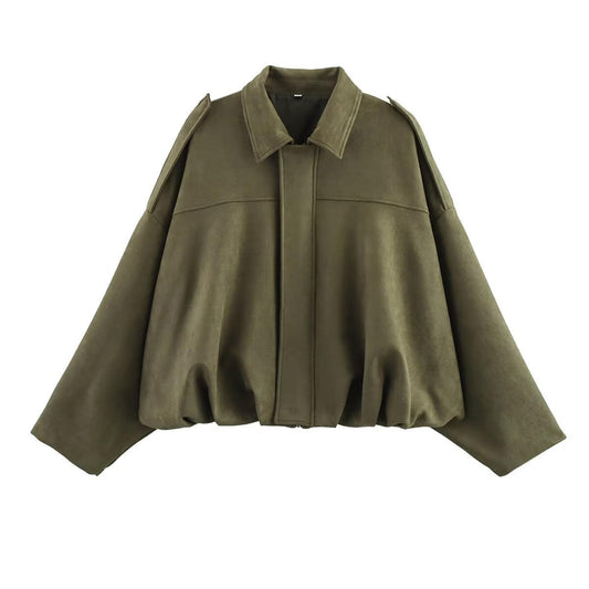 JoinQueen Faux Suede Jacket Women Oversized Long Sleeve Zip Up Epaulet Bomber Leather Jackets Oversized Casual Coat(Army-Green,M)